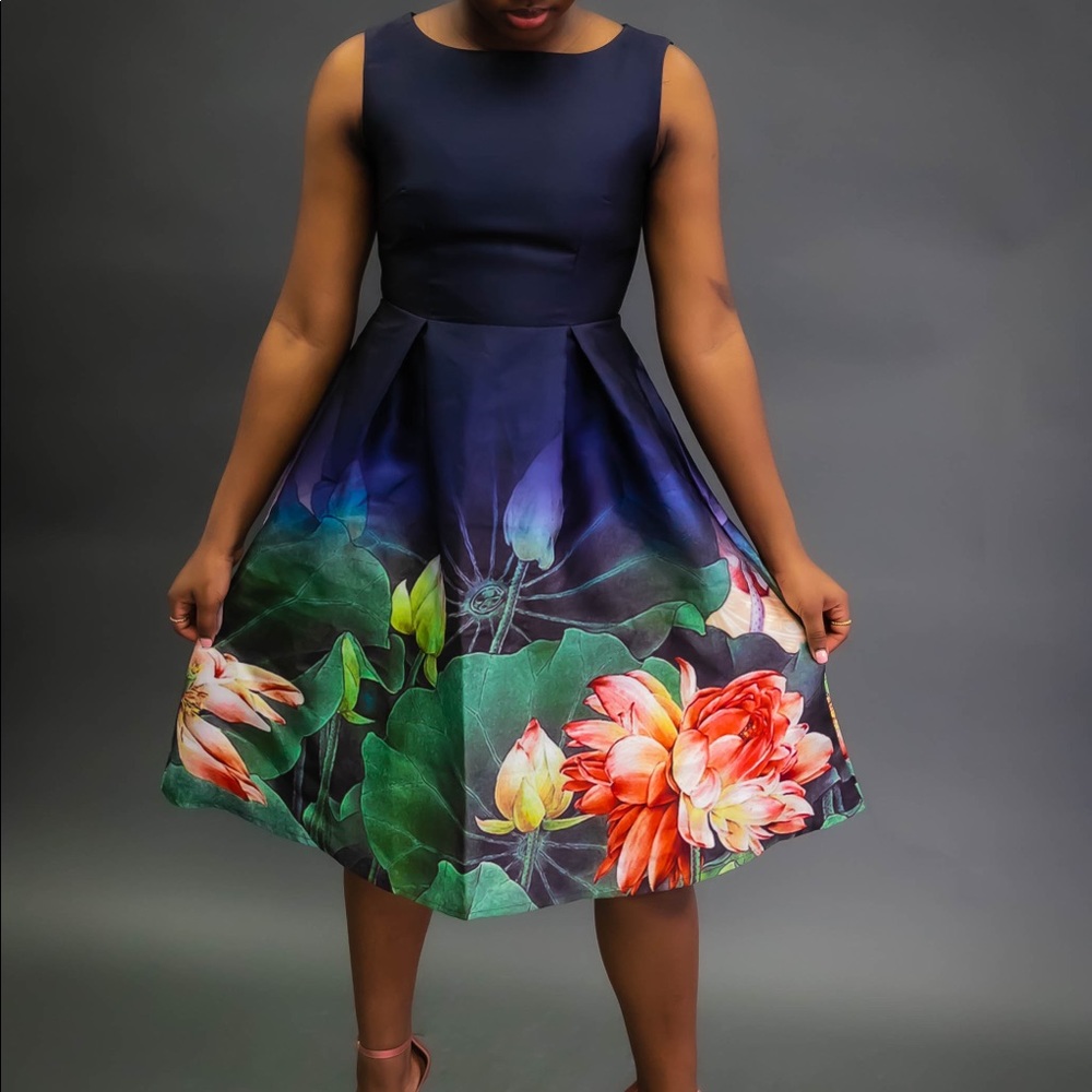 Classic Navy Blue A-Line dress with flowery detail